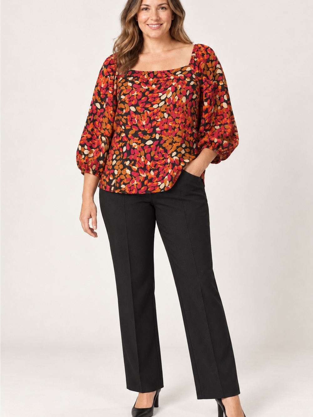 Liverpool Autumn Petals Square Neck Puff Sleeve Blouse XL